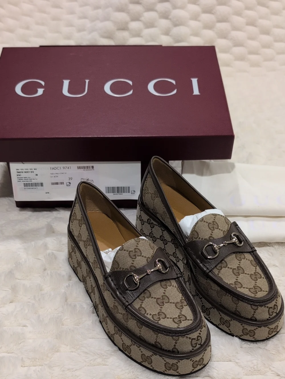 Gucci Womens Horsebit Wedge Loafer Beige GG Canvas Horsebit Platform Loafers 39